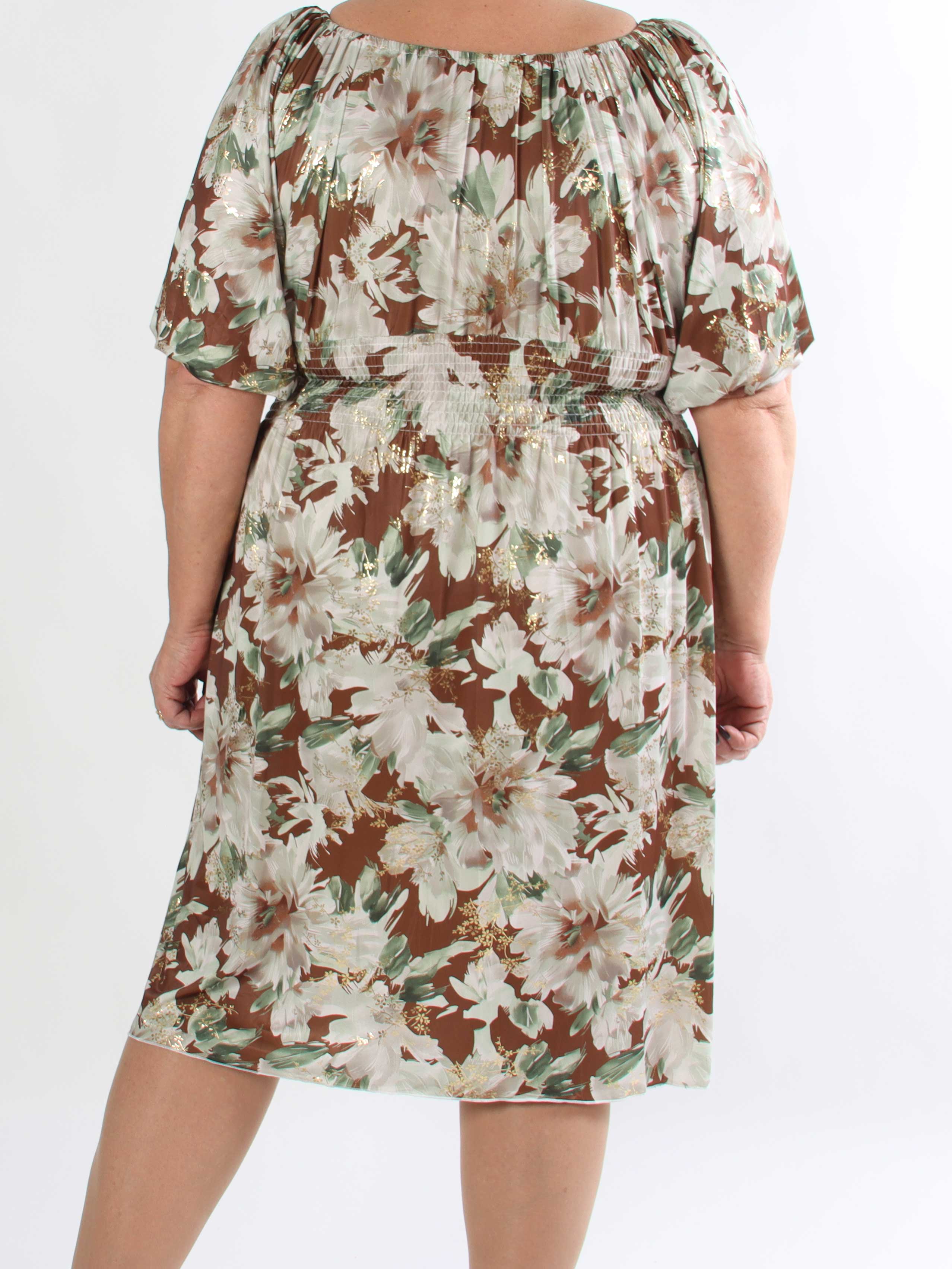 Cora Flower Midi - Elastisk blomstret plus size kjole med guld print